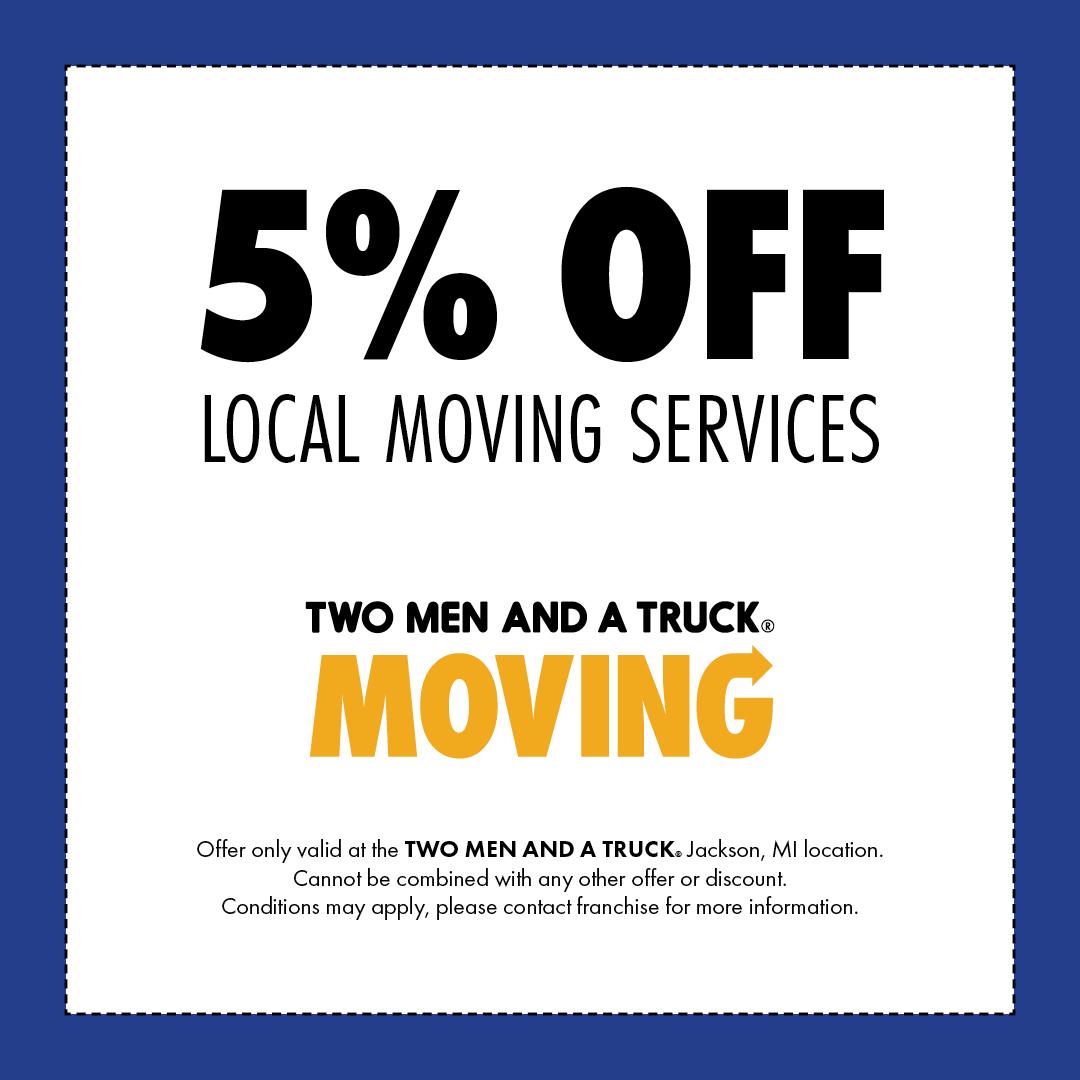 Coupon advertising 5% off local moving services for Jackson Michigan customers
